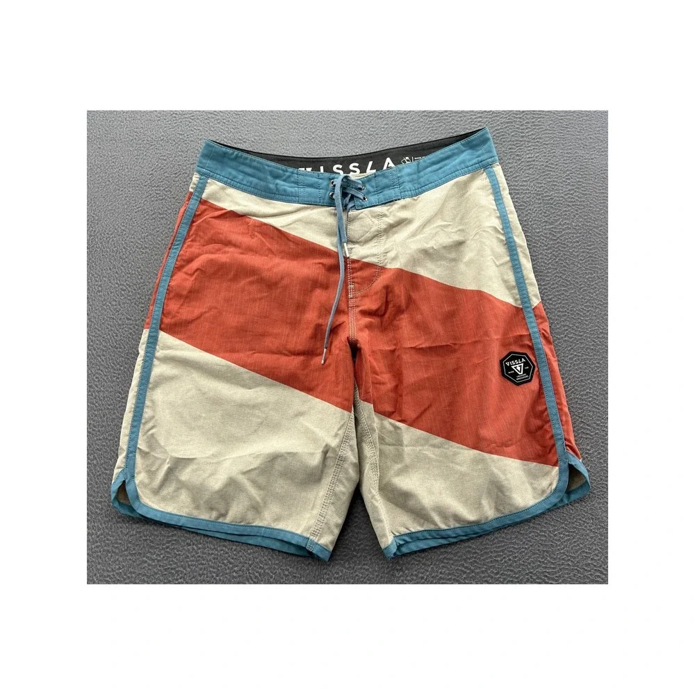 Vissla Mens Board Shorts 32 Rust Orange Beige Blue Colorblock Surf Swim Trunks